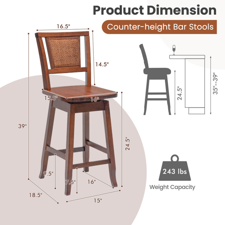 24.5 Inch Counter Height Bar Stool with Rattan Back and 360° Swivel SeatCostway Gallery View 4 of 9